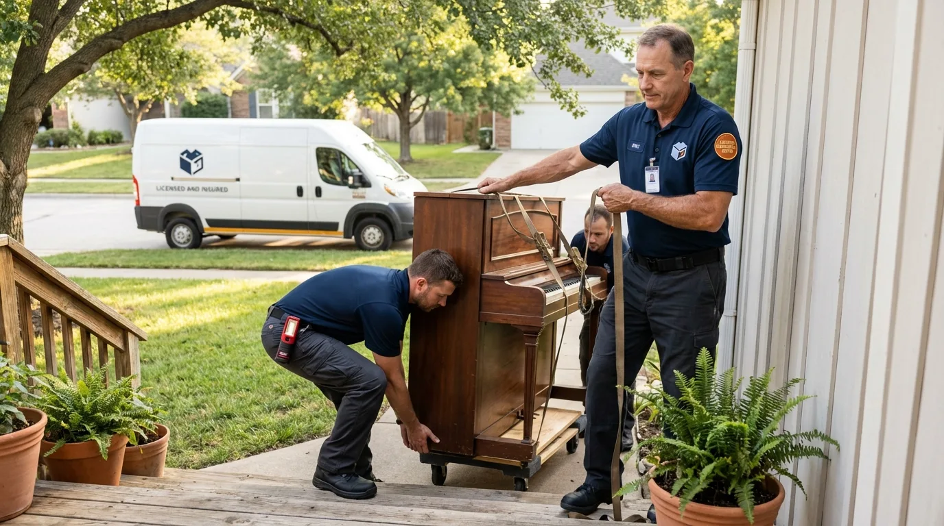 Licensed piano movers securing grand piano in West Hollywood, CA