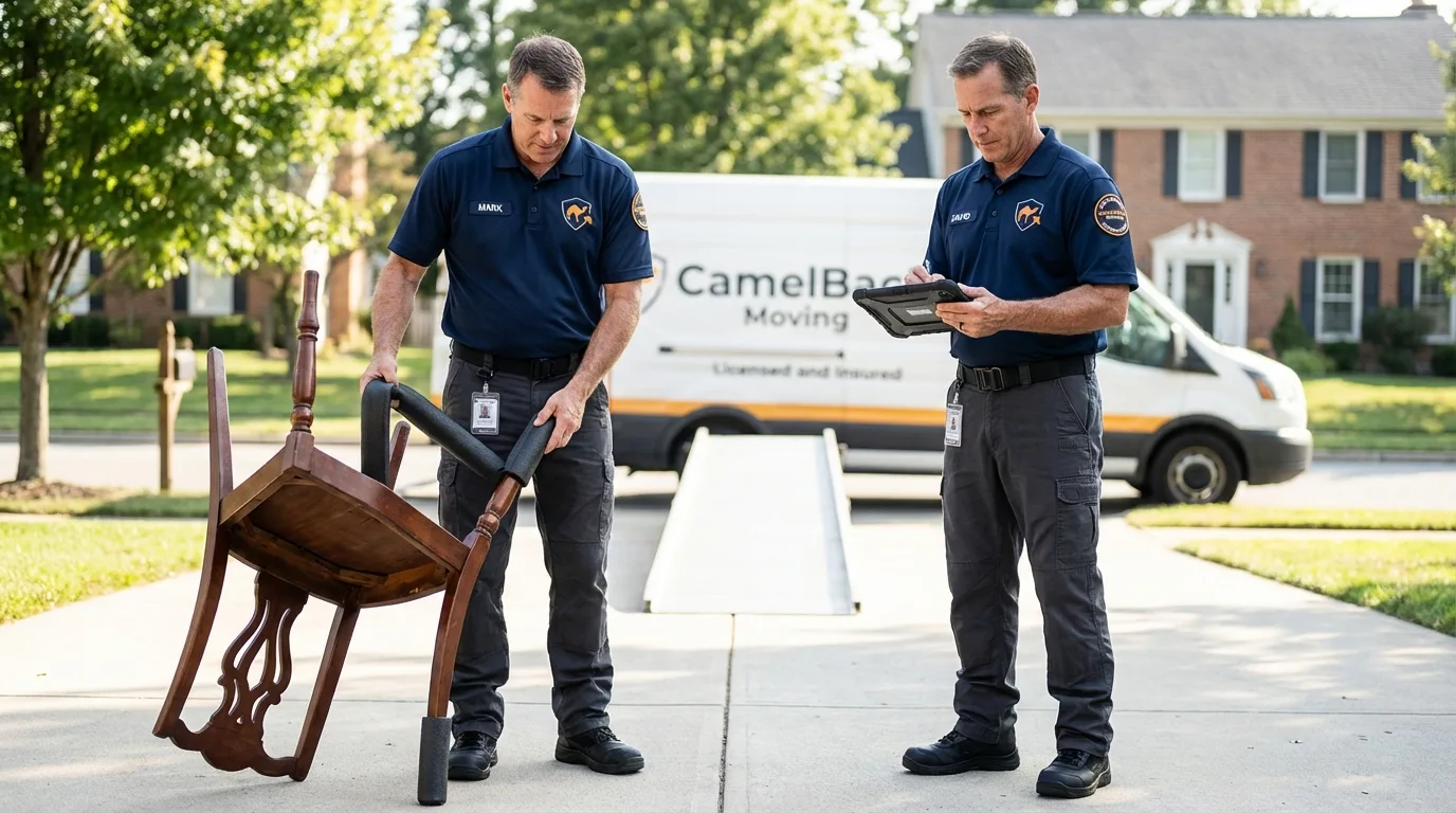 Movers inspecting furniture for damage prevention before loading in West Hollywood, CA