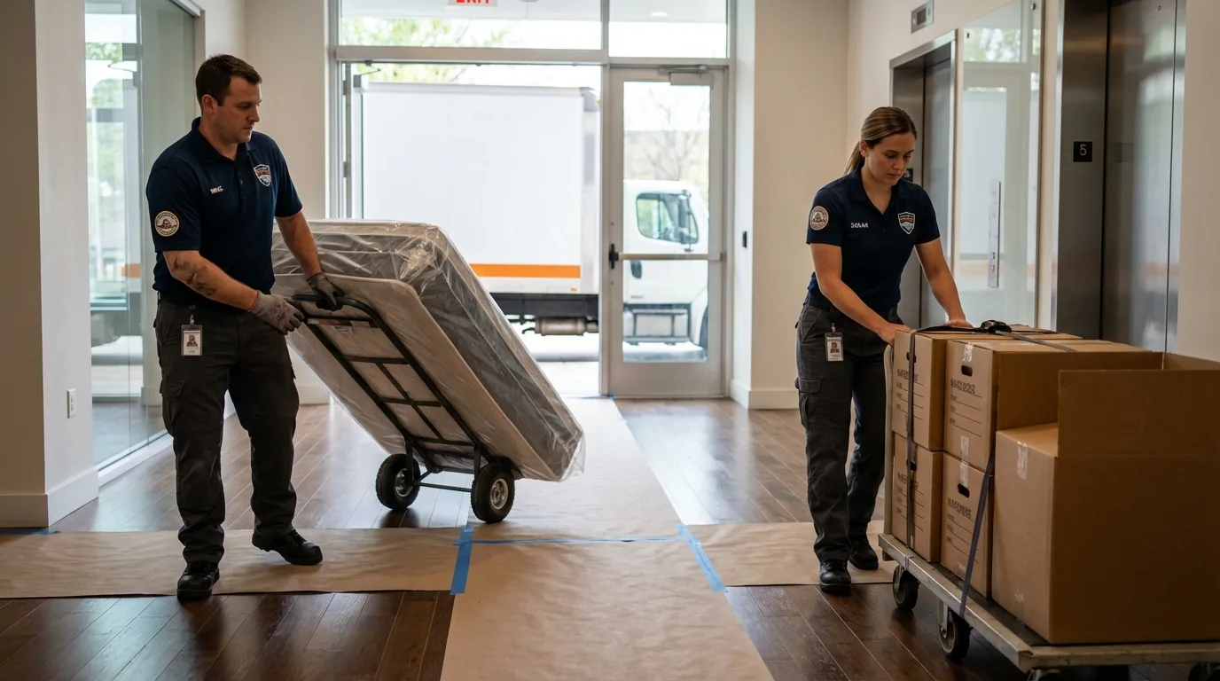 Professional apartment movers loading elevator in West Hollywood, CA