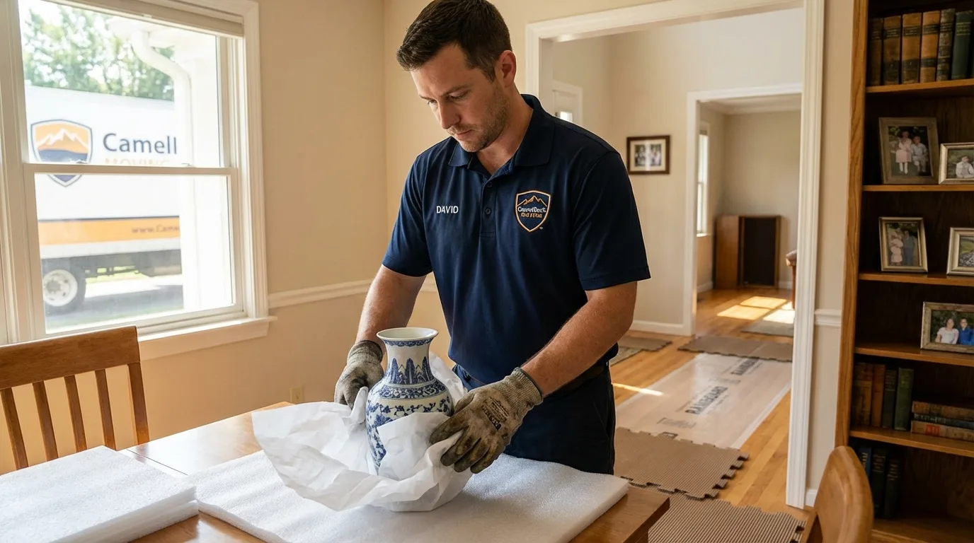 Professional crew carefully wrapping antique vase for senior downsizing move in West Hollywood, CA